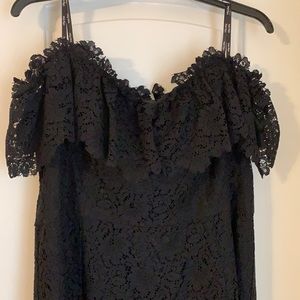 Off the shoulder lace cocktail dress.